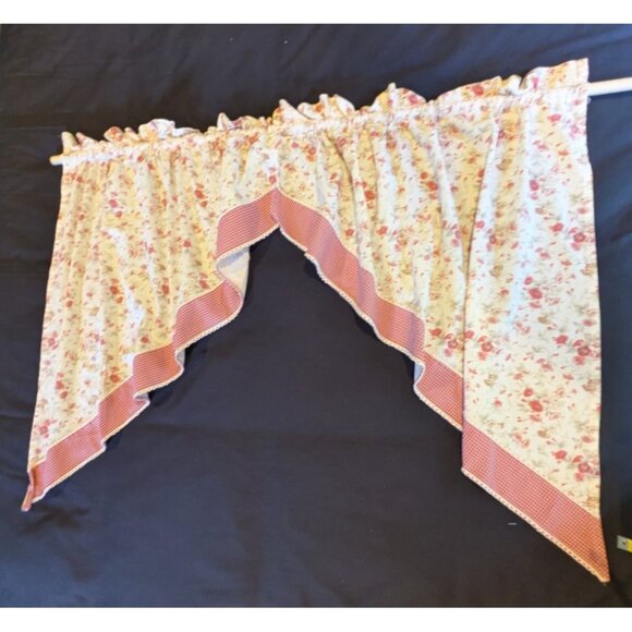 Pair Waverly Garden Room Swag Valance Curtain Set Red Gingham Cabbage Rose - Picture 2 of 8